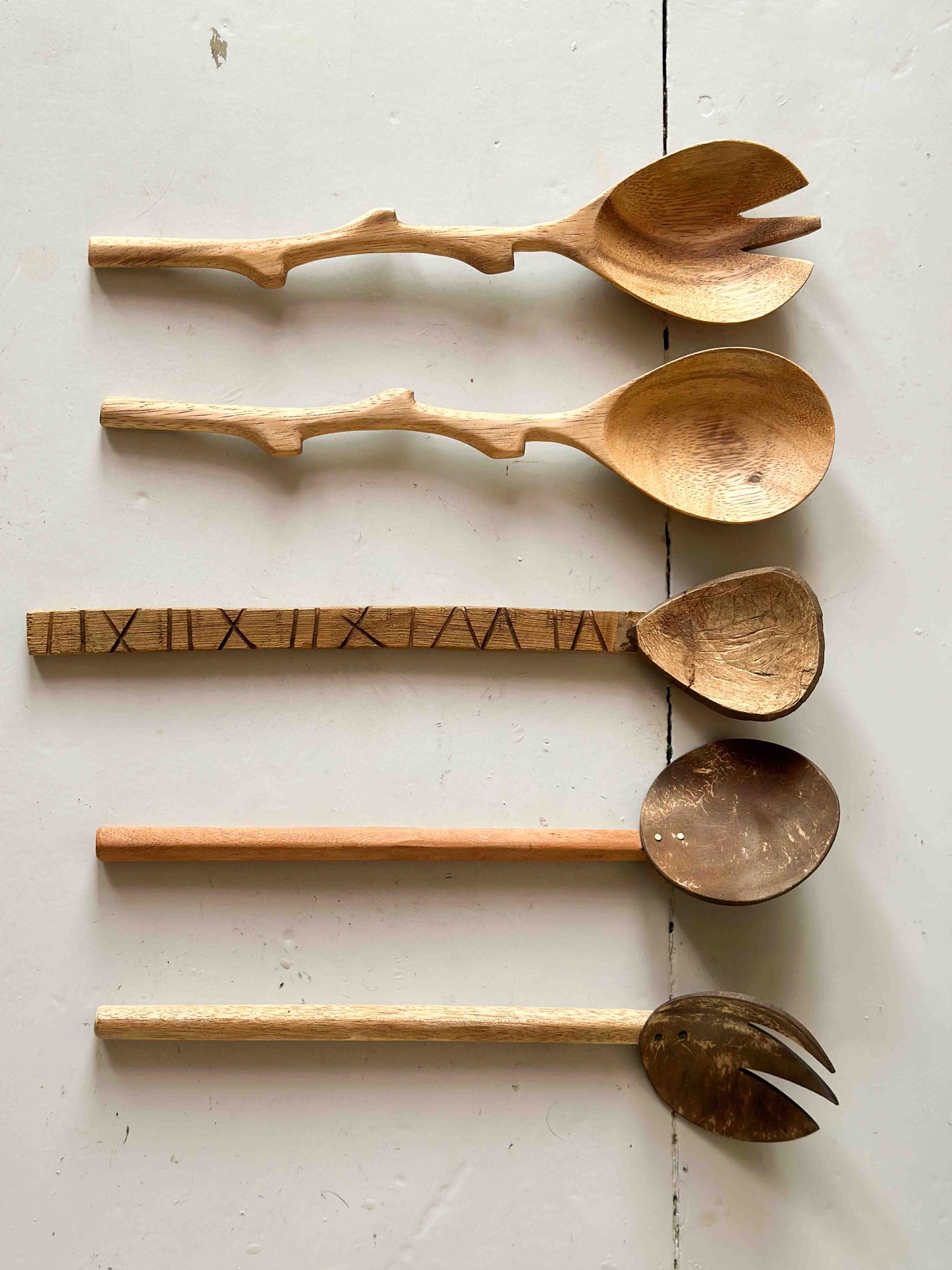 Salad cutlery in branch shape acacia wood, handmade Kinta